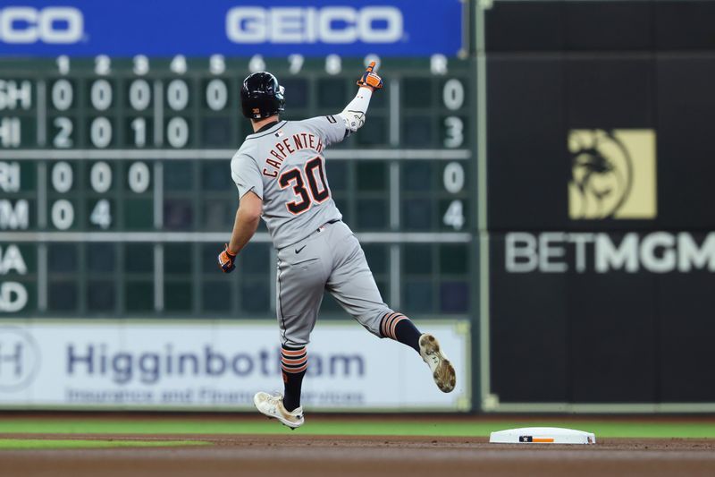 Apr 29, 2025; Houston, Texas, USA; Detroit Tigers left fielder Kerry Carpenter (30) rounds the bases after hitting a home run during the first inning against the Houston Astros at Daikin Park. Mandatory Credit: Troy Taormina-Imagn Images