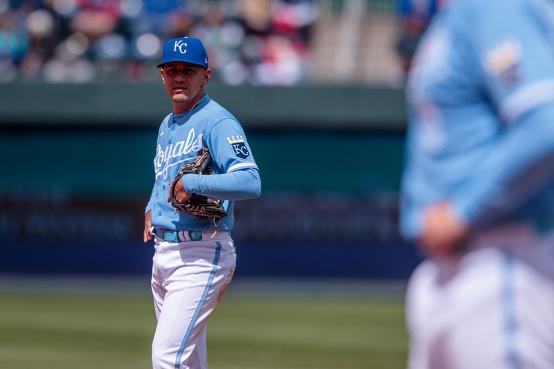 Apr 16, 2023; Kansas City, Missouri, USA; Kansas City Royals shortstop Nicky Lopez (8) on the field during the sixth inning against the Atlanta Braves at Kauffman Stadium. Mandatory Credit: William Purnell-USA TODAY Sports