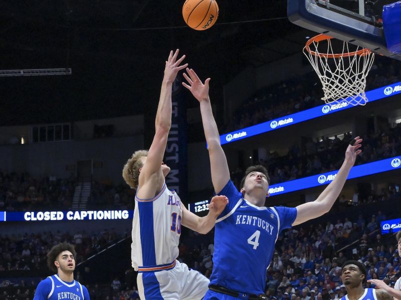 Mar 13, 2026; Nashville, TN, USA;  Florida Gators forward Thomas Haugh (10) shoots over Kentucky Wildcats forward Andrija Jelavic (4) during the first half at Bridgestone Arena. Mandatory Credit: Steve Roberts-Imagn Images
