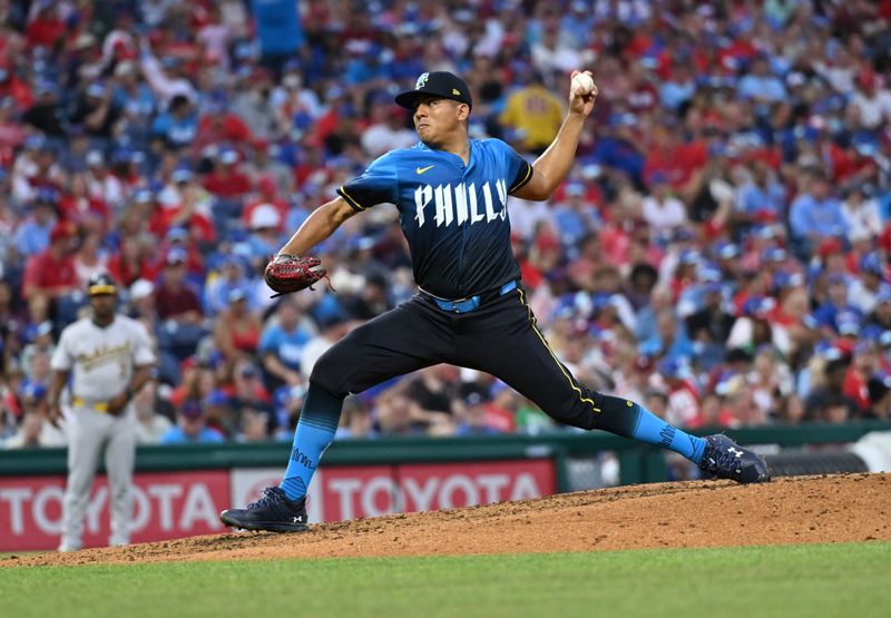 Jul 12, 2024; Philadelphia, Pennsylvania, USA; Philadelphia Phillies starting pitcher Ranger Suarez (55) throws a pitch against the Oakland Athletics in the fourth inning at Citizens Bank Park. Mandatory Credit: Kyle Ross-USA TODAY Sports