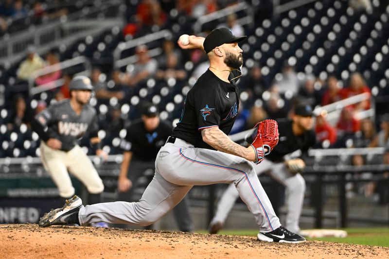 Sep 1, 2023; Washington, District of Columbia, USA; Miami Marlins relief pitcher Tanner Scott (66) throws to the Washington Nationals during the eleventh inning at Nationals Park. Mandatory Credit: Brad Mills-USA TODAY Sports