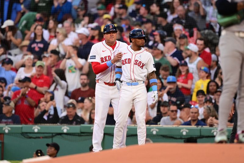 Jun 16, 2024; Boston, Massachusetts, USA; Boston Red Sox center fielder Ceddanne Rafaela (43) reacts to hitting an RBI double during the second inning against the New York Yankees at Fenway Park. Mandatory Credit: Eric Canha-USA TODAY Sports