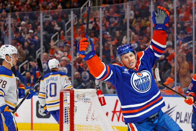 Jan 25, 2025; Edmonton, Alberta, CAN; Edmonton Oilers forward Jeff Skinner (53) celebrates after scoring a goal against the Buffalo Sabres at Rogers Place. Mandatory Credit: Perry Nelson-Imagn Images