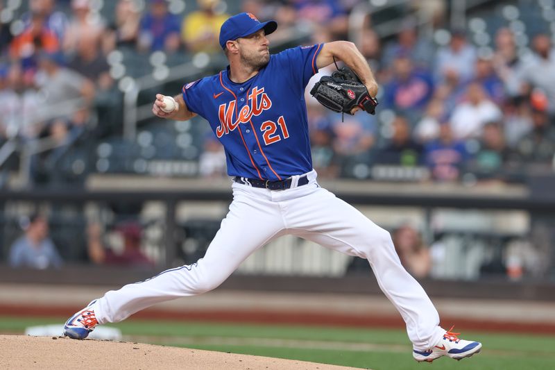 Jun 29, 2023; New York City, New York, USA; New York Mets starting pitcher Max Scherzer (21) delivers a pitch during the first inning against the Milwaukee Brewers at Citi Field. Mandatory Credit: Vincent Carchietta-USA TODAY Sports