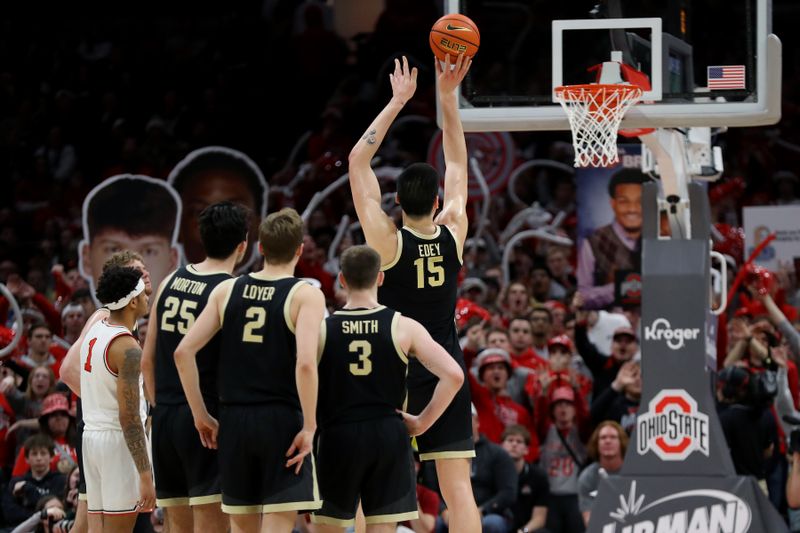 Feb 18, 2024; Columbus, Ohio, USA;  Purdue Boilermakers center Zach Edey (15) shoots a free throw during the second half against the Ohio State Buckeyes at Value City Arena. Mandatory Credit: Joseph Maiorana-USA TODAY Sports