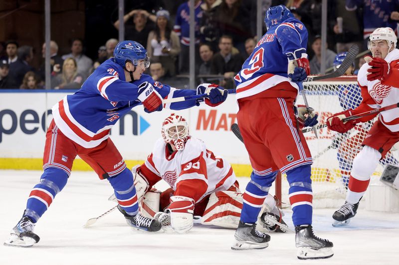 Nov 29, 2023; New York, New York, USA; New York Rangers left wing Jimmy Vesey (26) scores the game winning goal against Detroit Red Wings goaltender Ville Husso (35) and defenseman Justin Holl (3) during the third period at Madison Square Garden. Mandatory Credit: Brad Penner-USA TODAY Sports