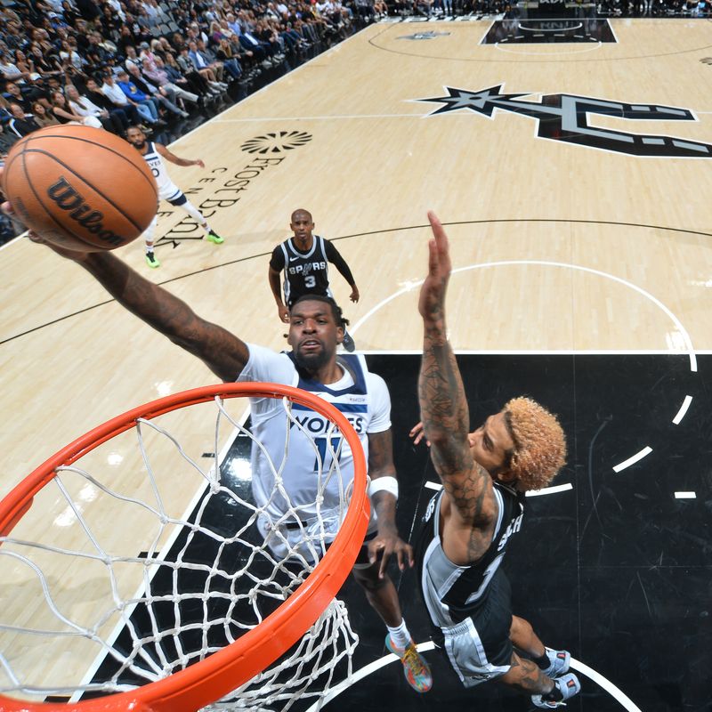 SAN ANTONIO, TX - NOVEMBER 2: Naz Reid #11 of the Minnesota Timberwolves drives to the basket during the game against the San Antonio Spurs on November 2, 2024 at the Frost Bank Center in San Antonio, Texas. NOTE TO USER: User expressly acknowledges and agrees that, by downloading and or using this photograph, user is consenting to the terms and conditions of the Getty Images License Agreement. Mandatory Copyright Notice: Copyright 2024 NBAE (Photos by Michael Gonzales/NBAE via Getty Images)