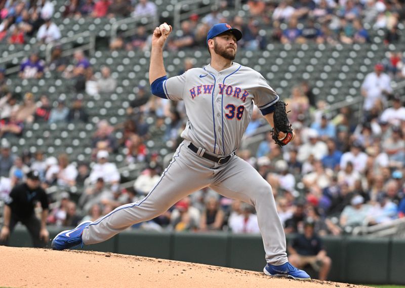 Sep 10, 2023; Minneapolis, Minnesota, USA; New York Mets starting pitcher Tylor Megill (38) delivers a pitch against the Minnesota Twins in the first inning at Target Field. Mandatory Credit: Michael McLoone-USA TODAY Sports