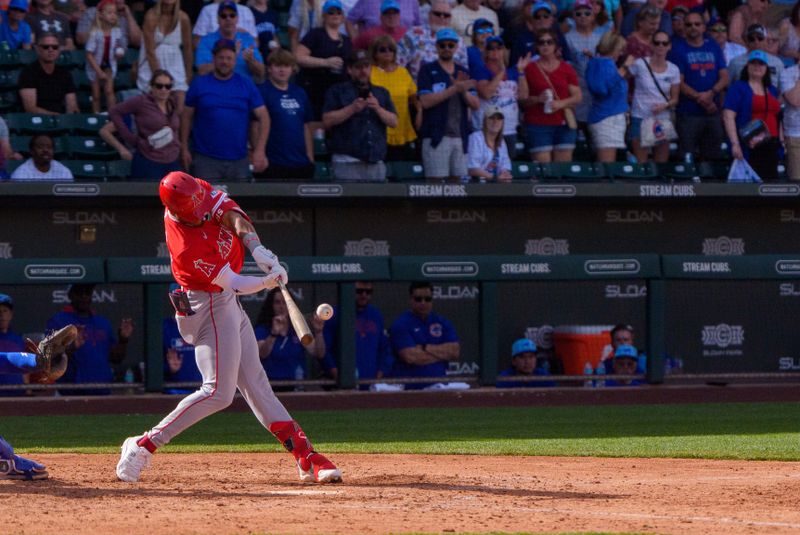 Feb 27, 2025; Mesa, Arizona, USA; Los Angeles Angels infielder Kyren Paris (19) hits a home run in the top of the ninth with two outs during a spring training game against the Chicago Cubs at Sloan Park to tie the game 4-4. Mandatory Credit: Allan Henry-Imagn Images