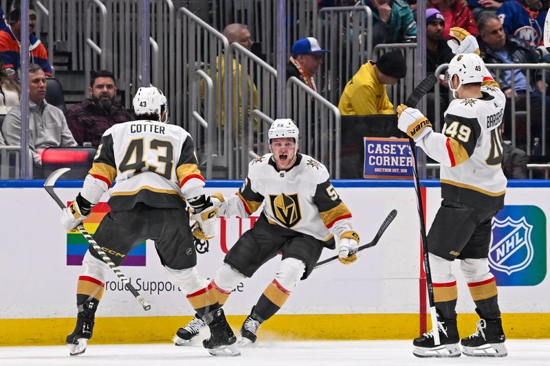 Jan 23, 2024; Elmont, New York, USA;  Vegas Golden Knights right wing Sheldon Rempal (56) celebrates his goal against the New York Islanders during the second period at UBS Arena. Mandatory Credit: Dennis Schneidler-USA TODAY Sports