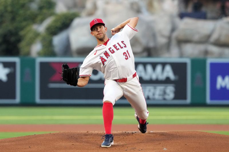 Aug 31, 2024; Anaheim, California, USA; Los Angeles Angels starting pitcher Tyler Anderson (31) throws in the first inning against the Seattle Mariners at Angel Stadium. Mandatory Credit: Kirby Lee-USA TODAY Sports