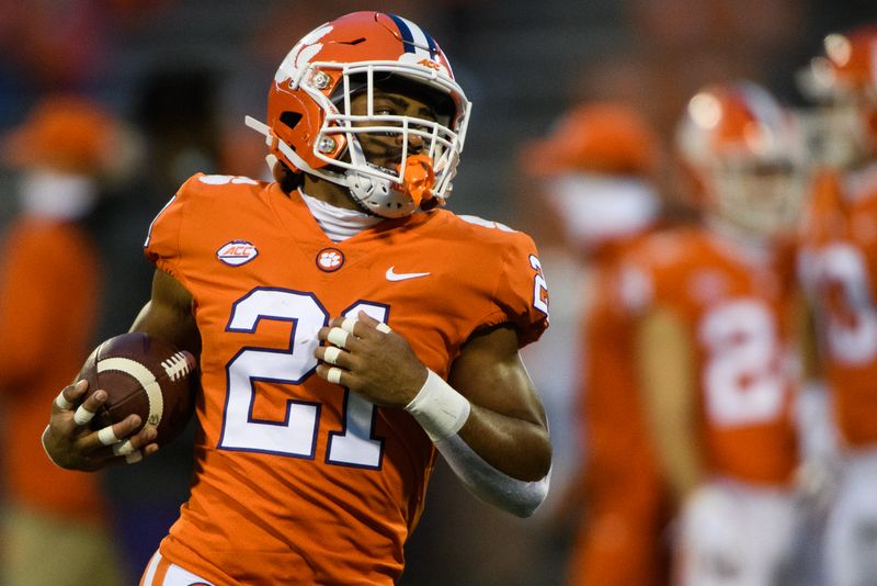 Oct 10, 2020; Clemson, South Carolina, USA; Clemson Tigers running back Darien Rencher (21) warms up before a game against the Miami Hurricanes at Memorial Stadium. Mandatory Credit: Ken Ruinard-USA TODAY Sports