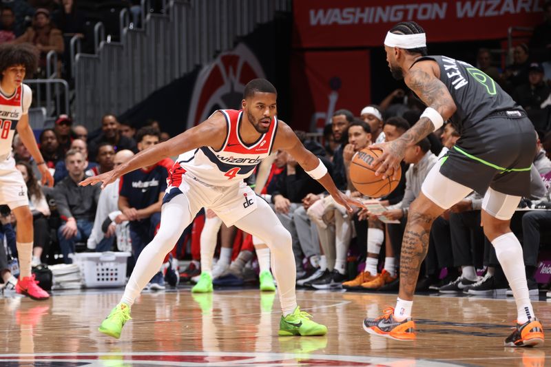 WASHINGTON, DC -?JANUARY 13:  Jared Butler #4 of the Washington Wizards plays defense during the game against the Washington Wizards  on January 13, 2025 at Capital One Arena in Washington, DC. NOTE TO USER: User expressly acknowledges and agrees that, by downloading and or using this Photograph, user is consenting to the terms and conditions of the Getty Images License Agreement. Mandatory Copyright Notice: Copyright 2024 NBAE (Photo by Kenny Giarla/NBAE via Getty Images)