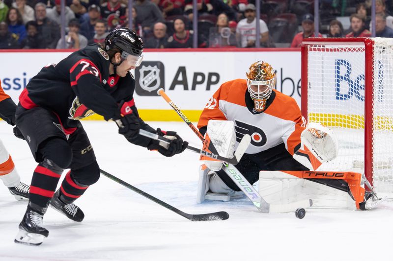 Nov 14, 2024; Ottawa, Ontario, CAN; Philadelphia Flyers goalie Ivan Fedotov (82) makes a save on a shot from Ottawa Senators left wing Noah Gregor (73) in the first period at the Canadian Tire Centre. Mandatory Credit: Marc DesRosiers-Imagn Images