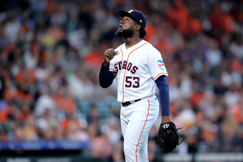 Sep 20, 2023; Houston, Texas, USA; Houston Astros starting pitcher Cristian Javier (53) reacts after a strikeout against the Baltimore Orioles during the first inning at Minute Maid Park. Mandatory Credit: Erik Williams-USA TODAY Sports