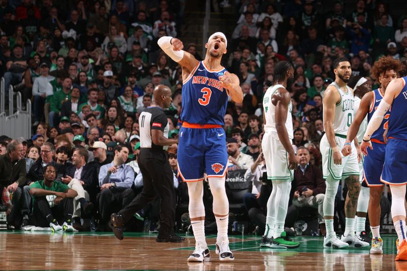 BOSTON, MA - APRIL 11: Josh Hart #3 of the New York Knicks celebrates during the game against the Boston Celtics on April 11, 2024 at the TD Garden in Boston, Massachusetts. NOTE TO USER: User expressly acknowledges and agrees that, by downloading and or using this photograph, User is consenting to the terms and conditions of the Getty Images License Agreement. Mandatory Copyright Notice: Copyright 2024 NBAE  (Photo by Nathaniel S. Butler/NBAE via Getty Images)