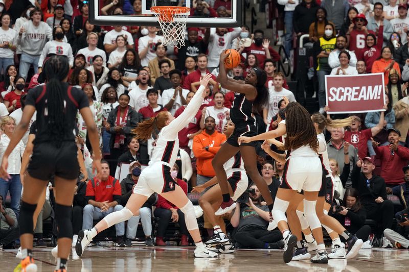 Nov 20, 2022; Stanford, California, USA; South Carolina Gamecocks forward Laeticia Amihere (15) rebounds a missed free throw against Stanford Cardinal forward Ashten Prechtel (11) during overtime at Maples Pavilion. Mandatory Credit: Darren Yamashita-USA TODAY Sports