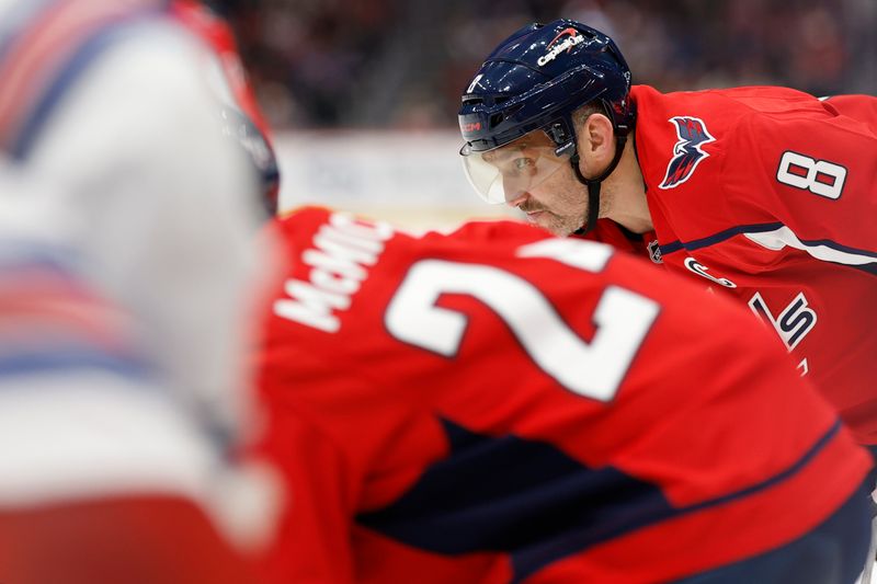 Dec 23, 2025; Washington, District of Columbia, USA; Washington Capitals left wing Alex Ovechkin (8) lines up for a face-off against the New York Rangers during the third period at Capital One Arena. Mandatory Credit: Geoff Burke-Imagn Images