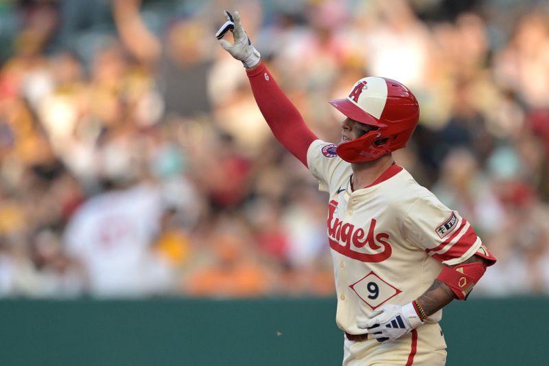 Jun 5, 2024; Anaheim, California, USA;  Los Angeles Angels shortstop Zach Neto (9) rounds the bases after hitting a two-run home run in the second inning against the San Diego Padres at Angel Stadium. Mandatory Credit: Jayne Kamin-Oncea-USA TODAY Sports