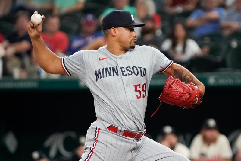 Sep 1, 2023; Arlington, Texas, USA; Minnesota Twins relief pitcher Jhoan Duran (59) throws to the plate during the ninth inning against the Texas Rangers at Globe Life Field. Mandatory Credit: Raymond Carlin III-USA TODAY Sports