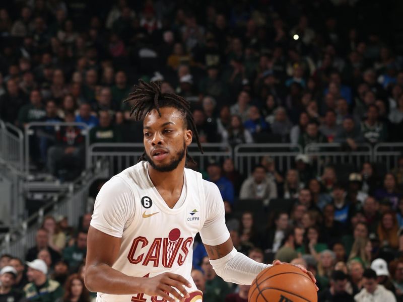 MILWAUKEE, WI - NOVEMBER 16: Darius Garland #10 of the Cleveland Cavaliers dribbles the ball during the game against the Milwaukee Bucks on November 16, 2022 at the Fiserv Forum Center in Milwaukee, Wisconsin. NOTE TO USER: User expressly acknowledges and agrees that, by downloading and or using this Photograph, user is consenting to the terms and conditions of the Getty Images License Agreement. Mandatory Copyright Notice: Copyright 2022 NBAE (Photo by Gary Dineen/NBAE via Getty Images).