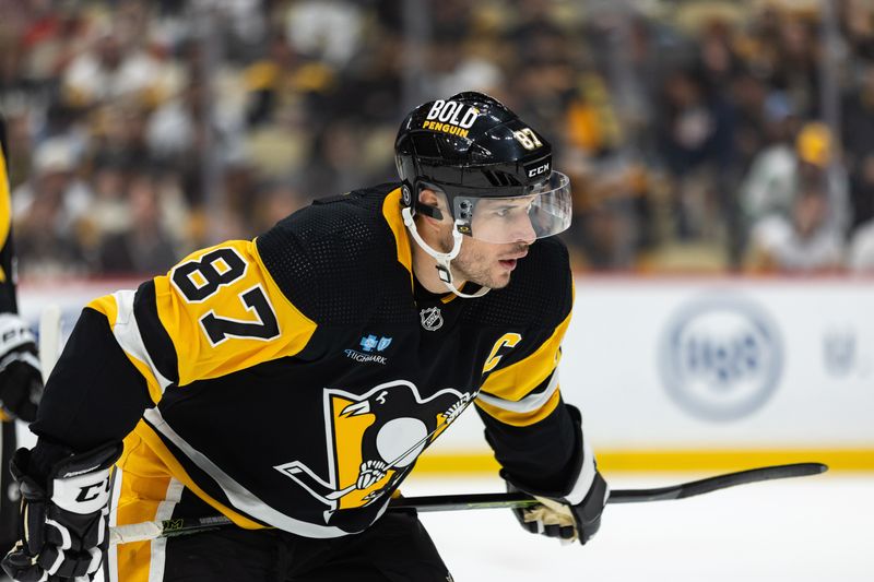 Oct 14, 2023; Pittsburgh, Pennsylvania, USA; Pittsburgh Penguins center Sidney Crosby (87) lines up for a face-off against the Calgary Flames during the first period at PPG Paints Arena. Mandatory Credit: Scott Galvin-USA TODAY Sports