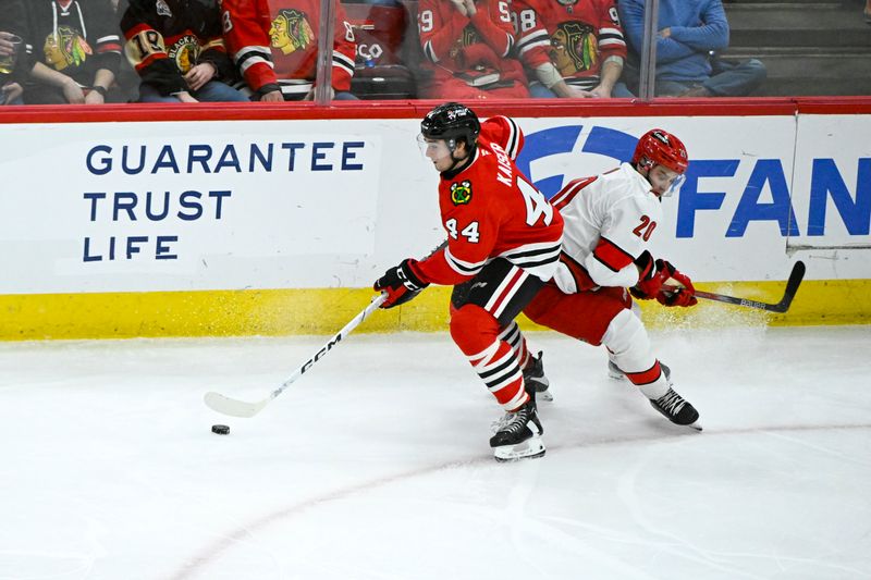 Jan 20, 2025; Chicago, Illinois, USA;  Chicago Blackhawks defenseman Wyatt Kaiser (44) and Carolina Hurricanes center Sebastian Aho (20) chase the puck during the third period at the United Center. Mandatory Credit: Matt Marton-Imagn Images


