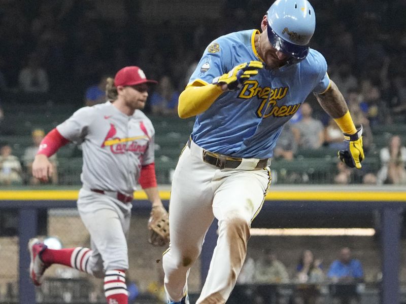 Sep 12, 2025; Milwaukee, Wisconsin, USA; Milwaukee Brewers shortstop Joey Ortiz (3) runs from first to third base against the St. Louis Cardinals in the eighth inning at American Family Field. Mandatory Credit: Michael McLoone-Imagn Images