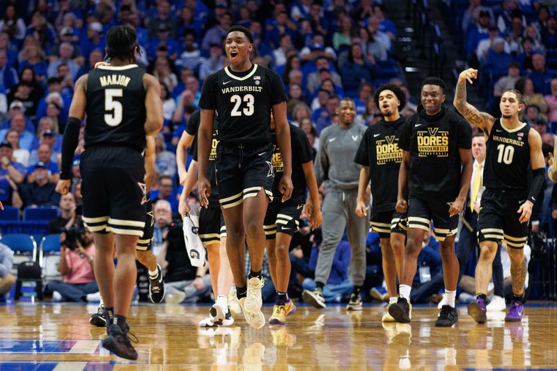 Mar 1, 2023; Lexington, Kentucky, USA; Vanderbilt Vanderbilt Commodores forward Malik Dia (23) celebrates a basket at the end of the first half against the Kentucky Wildcats at Rupp Arena at Central Bank Center. Mandatory Credit: Jordan Prather-USA TODAY Sports