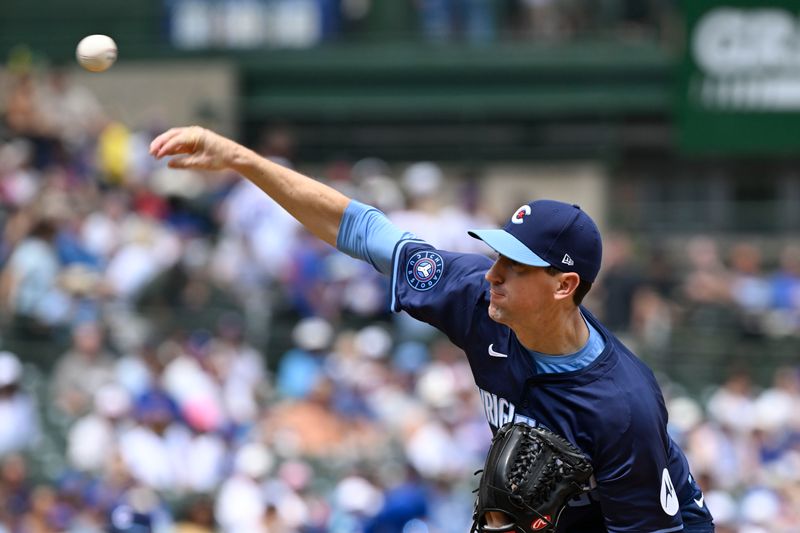 Aug 16, 2024; Chicago, Illinois, USA;   Chicago Cubs pitcher Kyle Hendricks (28) delivers against the Toronto Blue Jays during the first inning at Wrigley Field. Mandatory Credit: Matt Marton-USA TODAY Sports