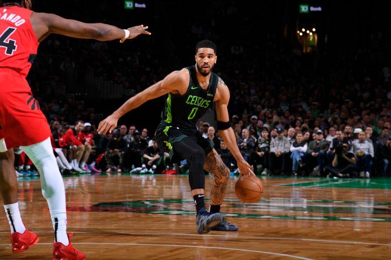 BOSTON, MA - NOVEMBER 16: Jayson Tatum #0 of the Boston Celtics dribbles the ball during the game against the Toronto Raptors on November 16, 2024 at TD Garden in Boston, Massachusetts. NOTE TO USER: User expressly acknowledges and agrees that, by downloading and/or using this Photograph, user is consenting to the terms and conditions of the Getty Images License Agreement. Mandatory Copyright Notice: Copyright 2024 NBAE (Photo by Brian Babineau/NBAE via Getty Images)