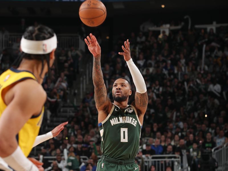 MILWAUKEE, WI - APRIL 21: Damian Lillard #0 of the Milwaukee Bucks shoots the ball during the game against the Indiana Pacers during Round 1 Game 1 of the 2024 NBA Playoffs on April 21, 2024 at the Fiserv Forum Center in Milwaukee, Wisconsin. NOTE TO USER: User expressly acknowledges and agrees that, by downloading and or using this Photograph, user is consenting to the terms and conditions of the Getty Images License Agreement. Mandatory Copyright Notice: Copyright 2024 NBAE (Photo by Gary Dineen/NBAE via Getty Images).