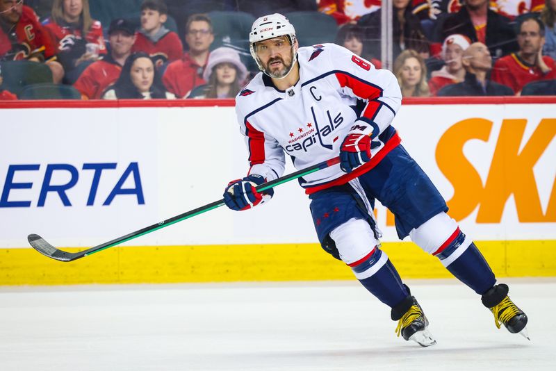 Mar 18, 2024; Calgary, Alberta, CAN; Washington Capitals left wing Alex Ovechkin (8) skates against the Calgary Flames during the third period at Scotiabank Saddledome. Mandatory Credit: Sergei Belski-USA TODAY Sports