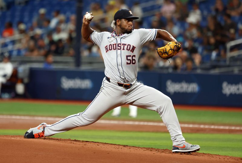 Aug 14, 2024; St. Petersburg, Florida, USA;  Houston Astros starting pitcher Ronel Blanco (56) throws a pitch against the Tampa Bay Rays during the second inning at Tropicana Field. Mandatory Credit: Kim Klement Neitzel-USA TODAY Sports