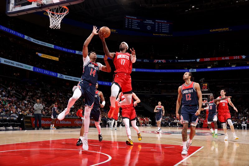 WASHINGTON, DC -? APRIL 9: Tari Eason #17 of the Houston Rockets drives to the basket against the Washington Wizards on April 9, 2023 at Capital One Arena in Washington, DC. NOTE TO USER: User expressly acknowledges and agrees that, by downloading and or using this Photograph, user is consenting to the terms and conditions of the Getty Images License Agreement. Mandatory Copyright Notice: Copyright 2023 NBAE (Photo by Stephen Gosling/NBAE via Getty Images)