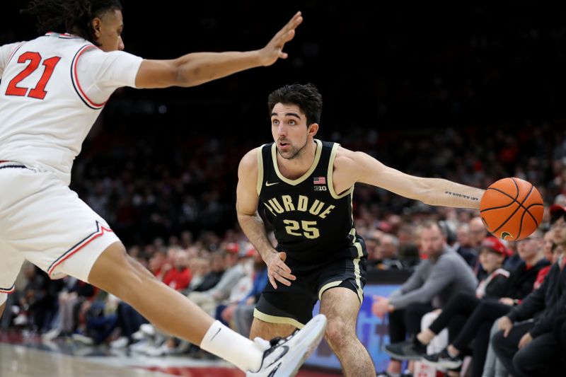 Feb 18, 2024; Columbus, Ohio, USA;  Purdue Boilermakers guard Ethan Morton (25) loses the ball as Ohio State Buckeyes forward Devin Royal (21) defends during the first half at Value City Arena. Mandatory Credit: Joseph Maiorana-USA TODAY Sports