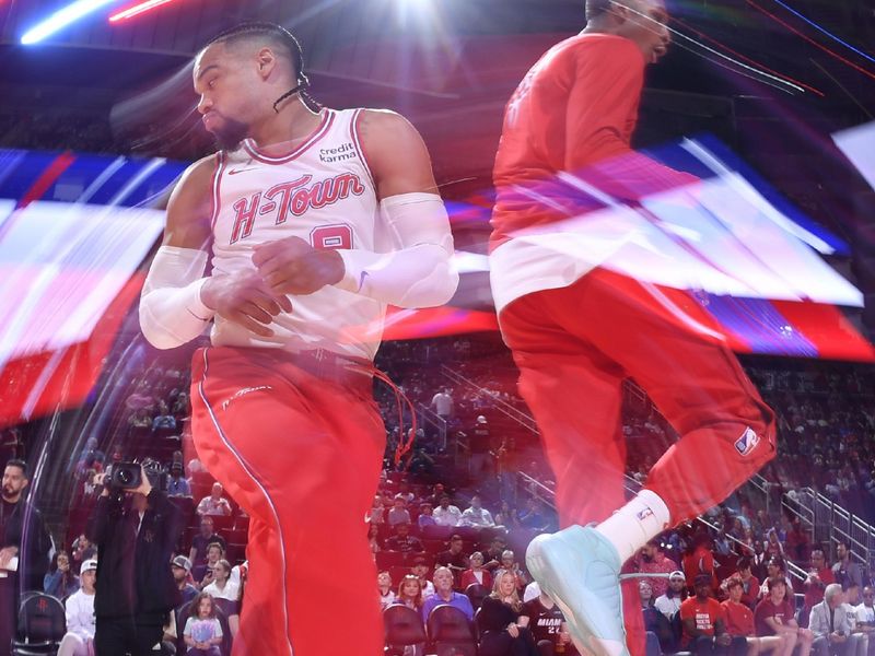 HOUSTON, TX - APRIL 5: Dillon Brooks #9 of the Houston Rockets is introduced before the game against the Miami Heat on April 5, 2024 at the Toyota Center in Houston, Texas. NOTE TO USER: User expressly acknowledges and agrees that, by downloading and or using this photograph, User is consenting to the terms and conditions of the Getty Images License Agreement. Mandatory Copyright Notice: Copyright 2024 NBAE (Photo by Logan Riely/NBAE via Getty Images)