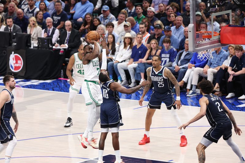 DALLAS, TX - JUNE 12: Jaylen Brown #7 of the Boston Celtics shoots the ball during the game against the Dallas Mavericks during Game 3 of the 2024 NBA Finals on June 12, 2024 at the American Airlines Center in Dallas, Texas. NOTE TO USER: User expressly acknowledges and agrees that, by downloading and or using this photograph, User is consenting to the terms and conditions of the Getty Images License Agreement. Mandatory Copyright Notice: Copyright 2024 NBAE (Photo by Joe Murphy/NBAE via Getty Images)