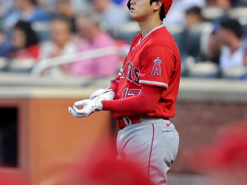 Aug 25, 2023; New York City, New York, USA; Los Angeles Angels designated hitter Shohei Ohtani (17) waits in the on deck circle before the start of the game against the New York Mets at Citi Field. Mandatory Credit: Brad Penner-USA TODAY Sports