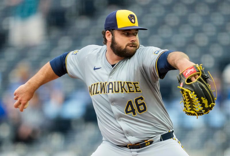 May 6, 2024; Kansas City, Missouri, USA; Milwaukee Brewers pitcher Bryse Wilson (46) pitches during the first inning against the Kansas City Royals at Kauffman Stadium. Mandatory Credit: Jay Biggerstaff-USA TODAY Sports