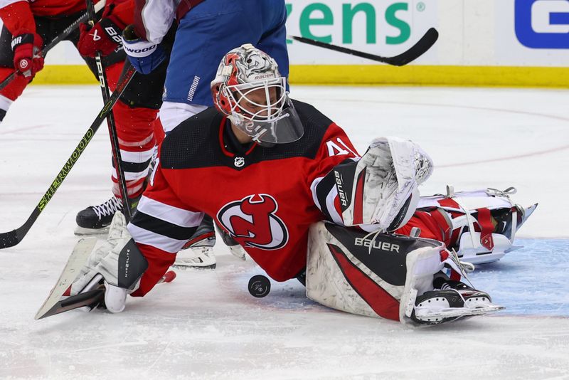 Feb 6, 2024; Newark, New Jersey, USA; New Jersey Devils goaltender Vitek Vanecek (41) makes a save against the Colorado Avalanche during the third period at Prudential Center. Mandatory Credit: Ed Mulholland-USA TODAY Sports