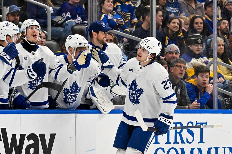 Feb 19, 2024; St. Louis, Missouri, USA;  Toronto Maple Leafs left wing Matthew Knies (23) is congratulated by teammates after scoring against the St. Louis Blues during the second period at Enterprise Center. Mandatory Credit: Jeff Curry-USA TODAY Sports