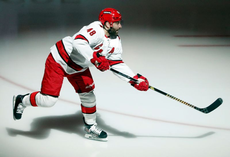 Mar 26, 2024; Pittsburgh, Pennsylvania, USA; Carolina Hurricanes left wing Jordan Martinook (48) takes the ice to warm up against the Pittsburgh Penguins at PPG Paints Arena. Mandatory Credit: Charles LeClaire-USA TODAY Sports