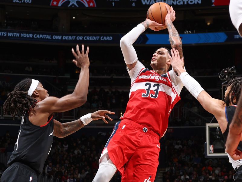 WASHINGTON, DC -? JANUARY 31:  Kyle Kuzma #33 of the Washington Wizards shoots the ball during the game  on January 31, 2024 at Capital One Arena in Washington, DC. NOTE TO USER: User expressly acknowledges and agrees that, by downloading and or using this Photograph, user is consenting to the terms and conditions of the Getty Images License Agreement. Mandatory Copyright Notice: Copyright 2024 NBAE (Photo by Stephen Gosling/NBAE via Getty Images)