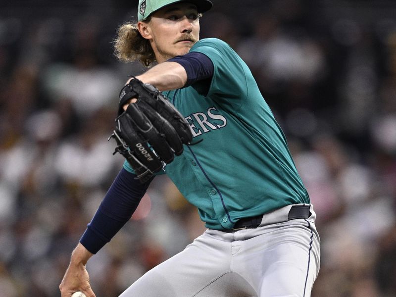Mar 25, 2024; San Diego, California, USA; Seattle Mariners starting pitcher Bryce Miller (50) throws a pitch against the San Diego Padres during the first inning at Petco Park. Mandatory Credit: Orlando Ramirez-USA TODAY Sports
