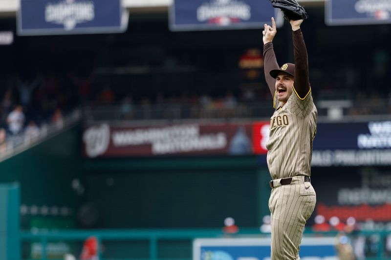 Jul 25, 2024; Washington, District of Columbia, USA; San Diego Padres starting pitcher Dylan Cease (84) celebrates after the final out of a no-hitter against the Washington Nationals at Nationals Park. Mandatory Credit: Geoff Burke-USA TODAY Sports