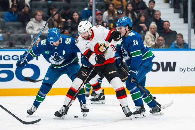Mar 9, 2026; Vancouver, British Columbia, CAN; Vancouver Canucks forward Elias Pettersson (40) and defenseman Zeev Buium (24) battle with Ottawa Senators forward Michael Amadio (22) in the third period at Rogers Arena. Mandatory Credit: Bob Frid-Imagn Images