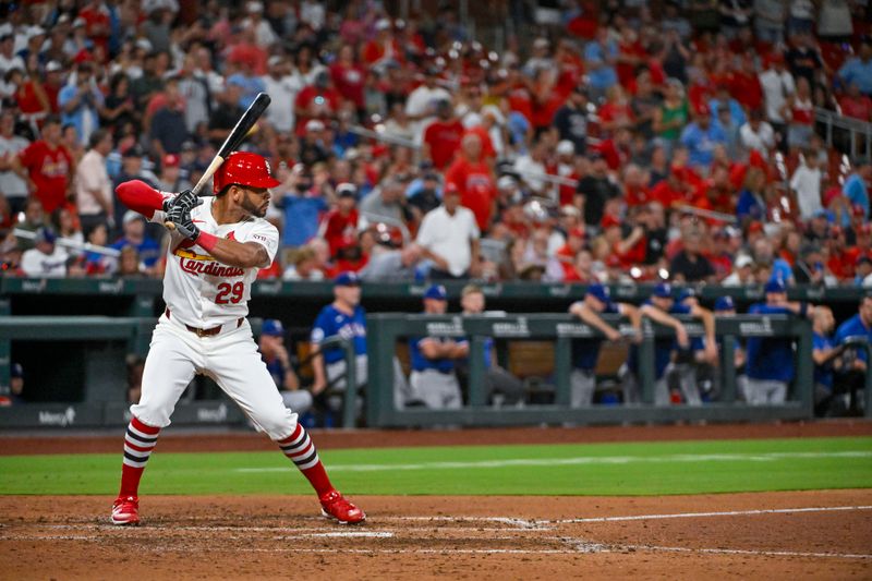 Jul 30, 2024; St. Louis, Missouri, USA;  St. Louis Cardinals pinch hitter Tommy Pham (29) bats against the Texas Rangers during the fifth inning at Busch Stadium. Mandatory Credit: Jeff Curry-USA TODAY Sports