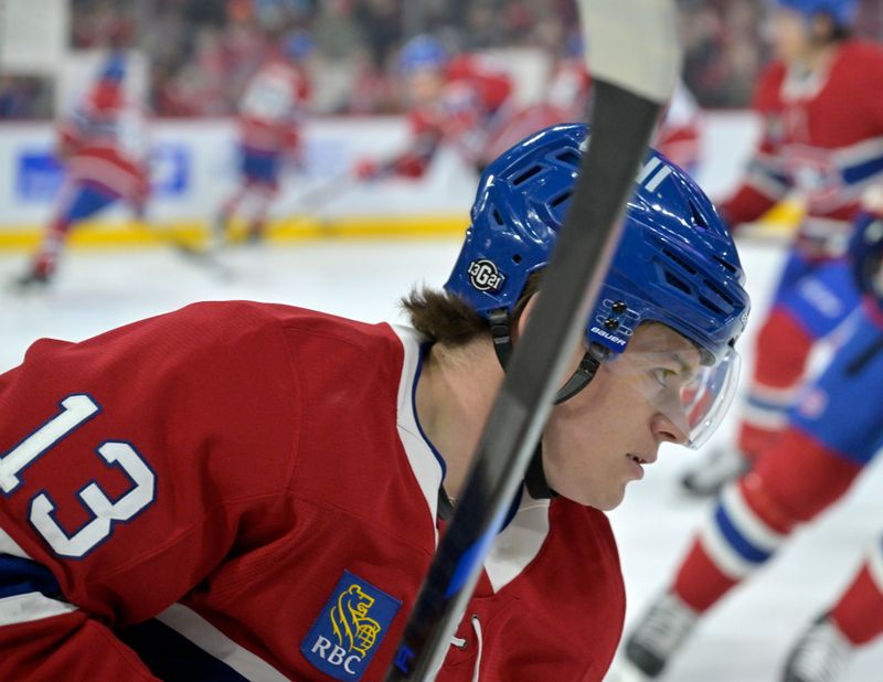 Oct 14, 2024; Montreal, Quebec, CAN; Montreal Canadiens forward Cole Caufield (13) skates during the warmup period before the game against the Pittsburgh Penguins at the Bell Centre. Mandatory Credit: Eric Bolte-Imagn Images