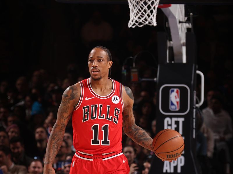 NEW YORK, NY - JANUARY 3: DeMar DeRozan #11 of the Chicago Bulls brings the ball up court against the New York Knicks on January 3, 2024 at Madison Square Garden in New York City, New York.  NOTE TO USER: User expressly acknowledges and agrees that, by downloading and or using this photograph, User is consenting to the terms and conditions of the Getty Images License Agreement. Mandatory Copyright Notice: Copyright 2024 NBAE  (Photo by Nathaniel S. Butler/NBAE via Getty Images)